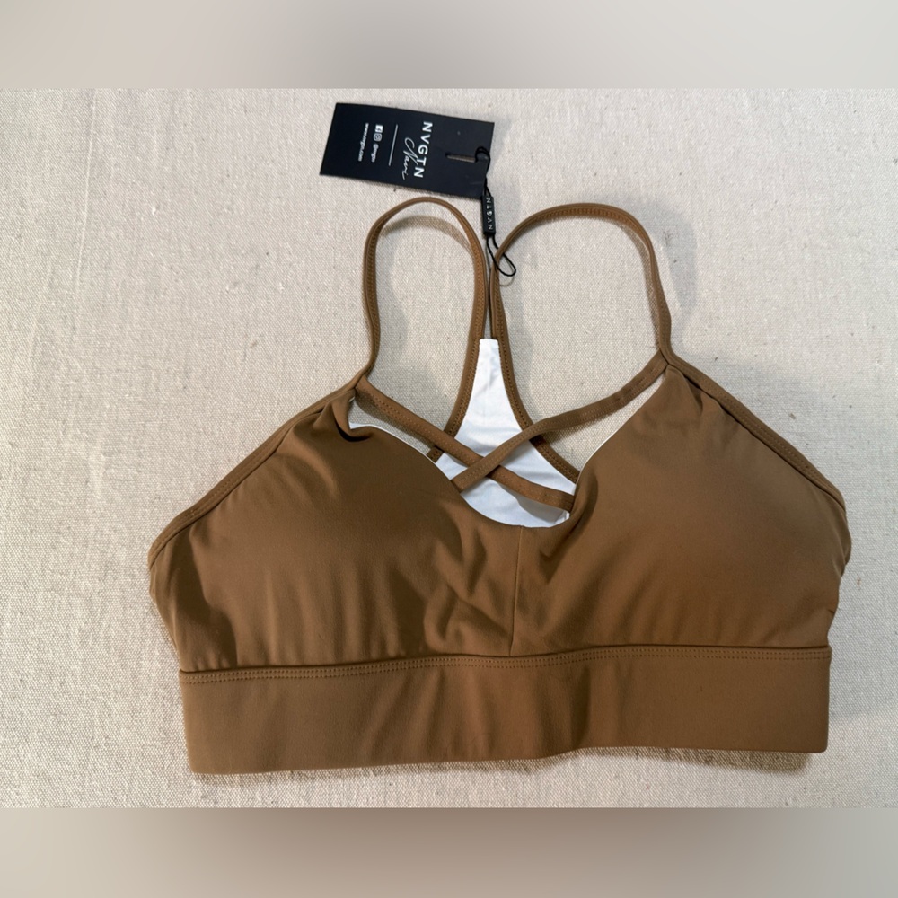NVGTN front criss cross Tan/Khaki Sports Bra Size Large NWT
